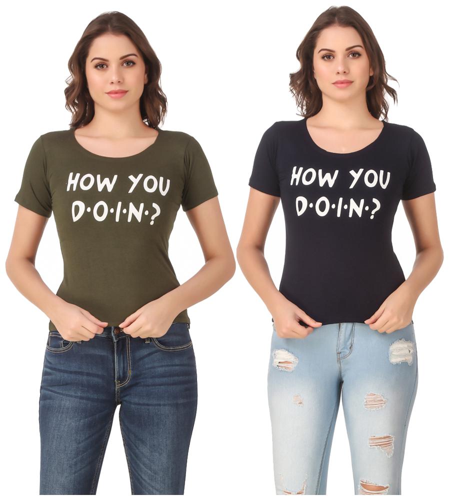 

Red Vee Lycra Printed Half Sleeves Green Navy Color T-Shirt for Women