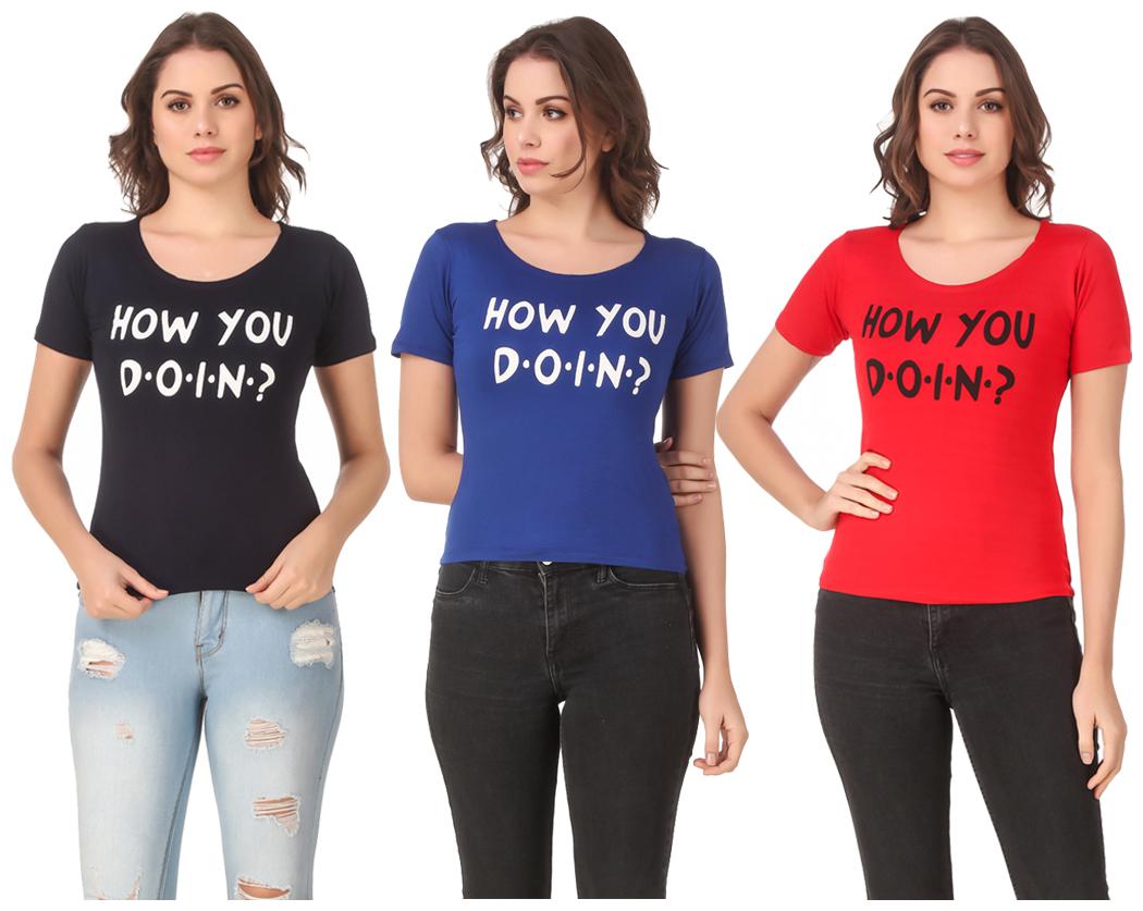 

Red Vee Lycra Printed Half Sleeves Multi Color T-Shirt for Women