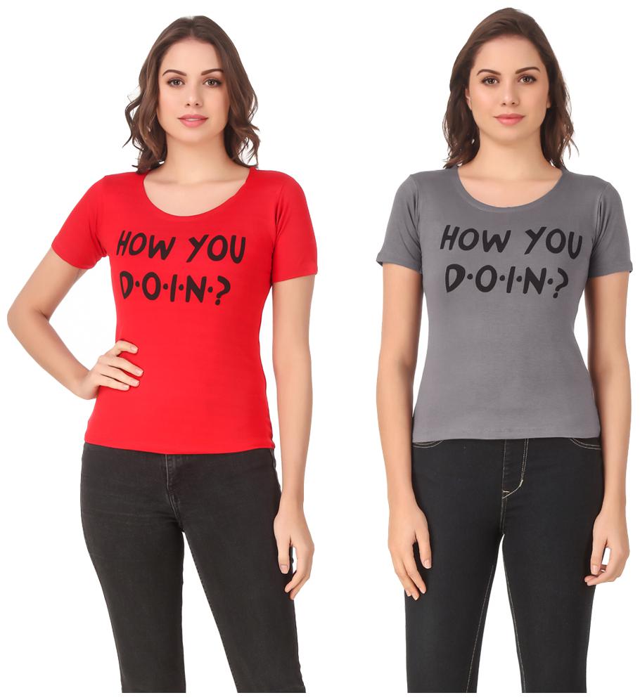 

Red Vee Lycra Printed Half Sleeves Red Grey Color T-Shirt for Women