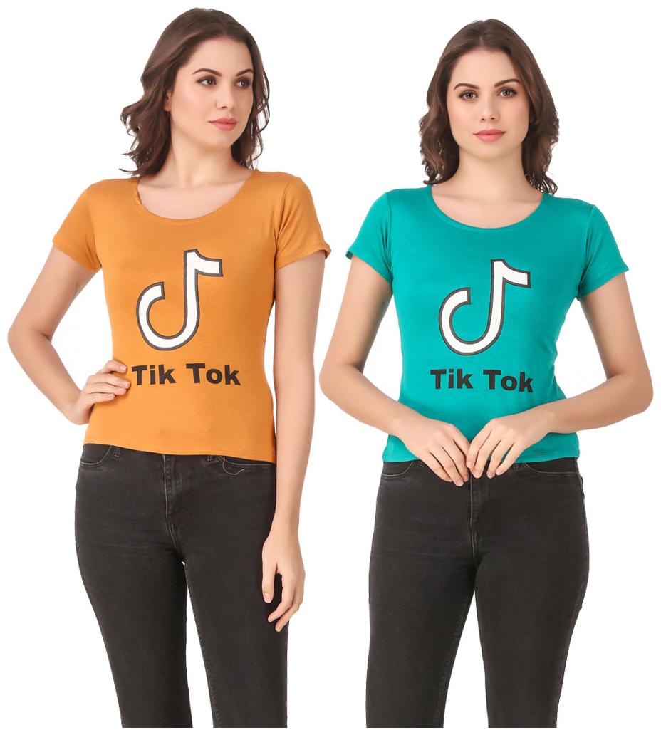 

Red Vee Lycra Printed Half Sleeves Yellow Turquoise Color T-Shirt for Women