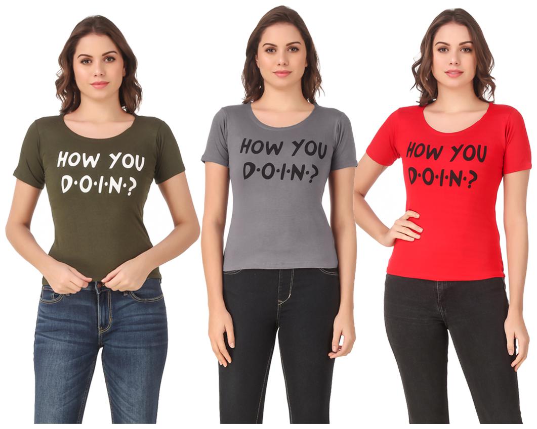 

Red Vee Lycra Printed Half Sleeves Multi Color T-Shirt for Women