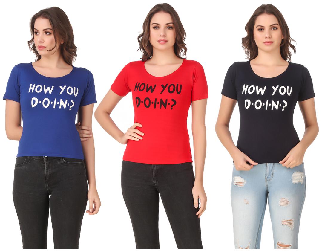 

Red Vee Lycra Printed Half Sleeves Multi Color T-Shirt for Women