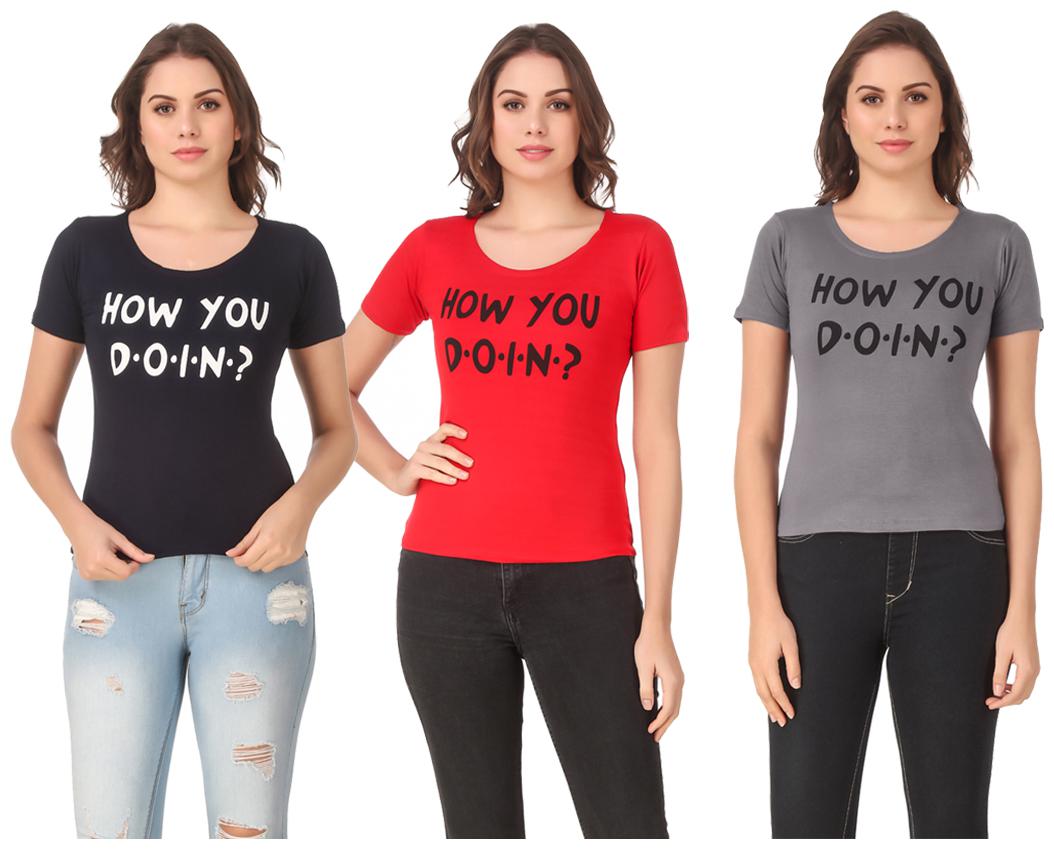 

Red Vee Lycra Printed Half Sleeves Multi Color T-Shirt for Women