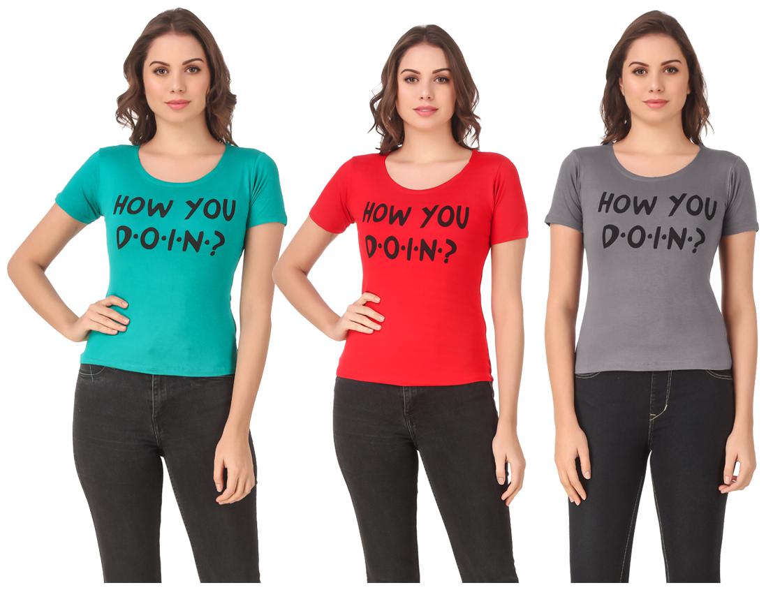 

Red Vee Lycra Printed Half Sleeves Multi Color T-Shirt for Women