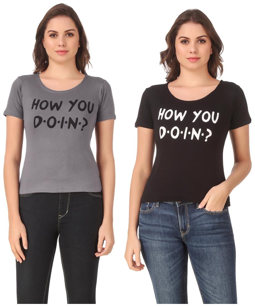 

Red Vee Lycra Printed Half Sleeves Grey Black Color T-Shirt for Women