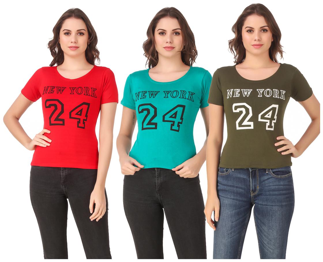 

Red Vee Lycra Printed Half Sleeves Multi Color T-Shirt for Women