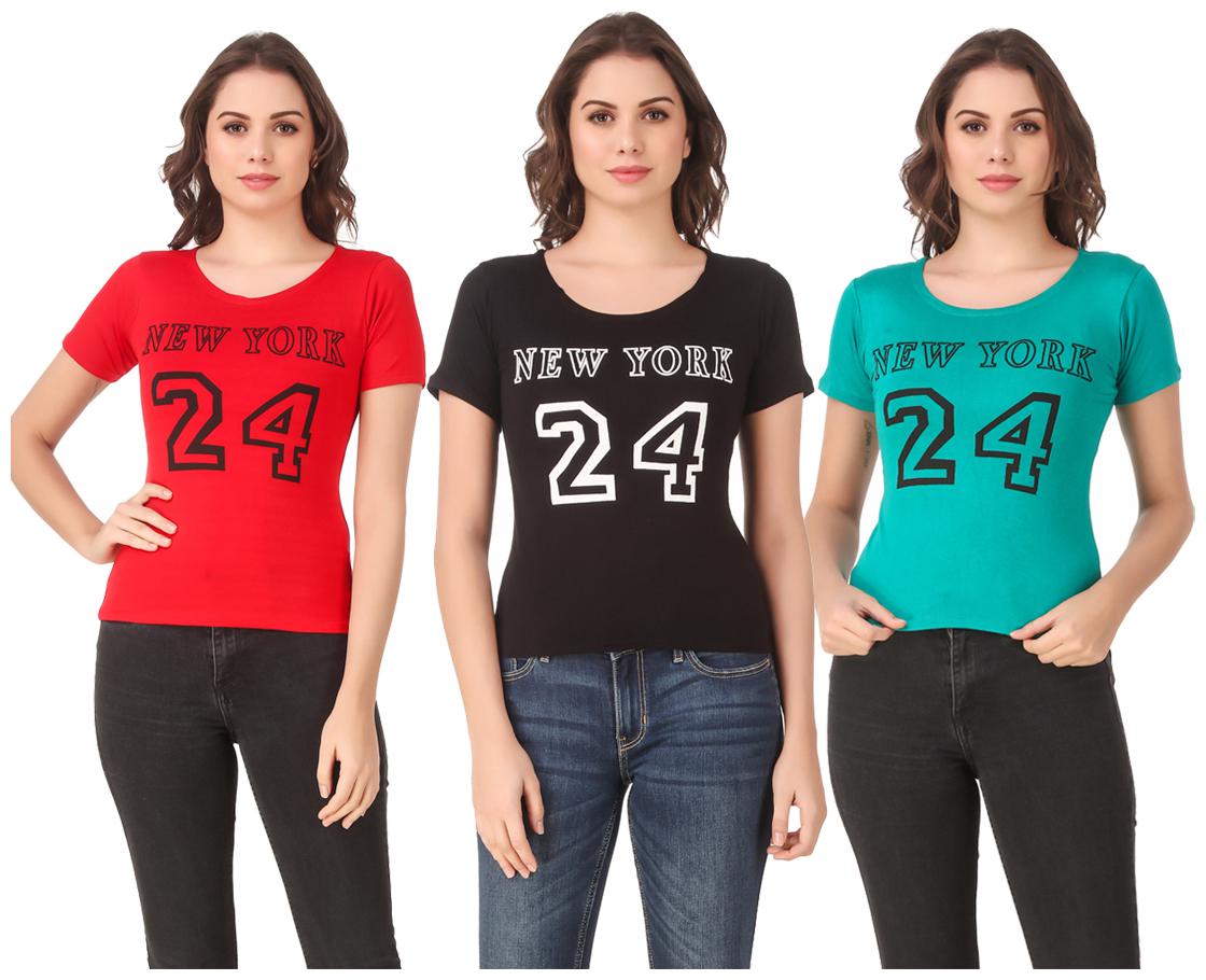 

Red Vee Lycra Printed Half Sleeves Multi Color T-Shirt for Women