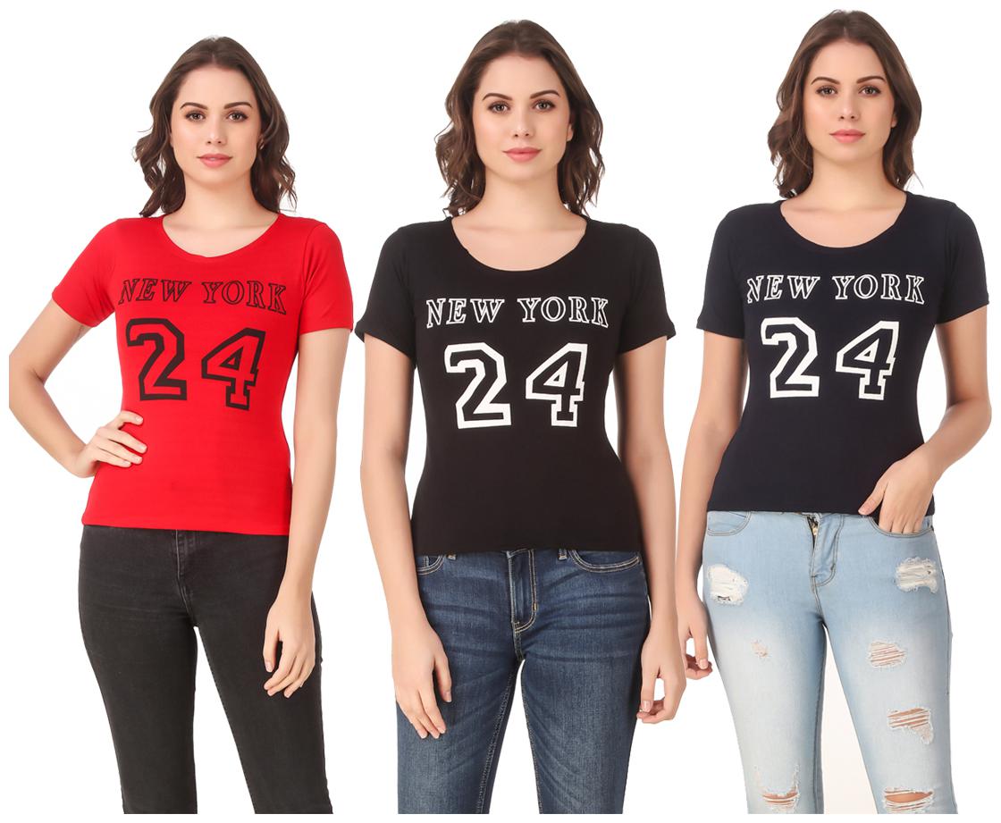 

Red Vee Lycra Printed Half Sleeves Multi Color T-Shirt for Women