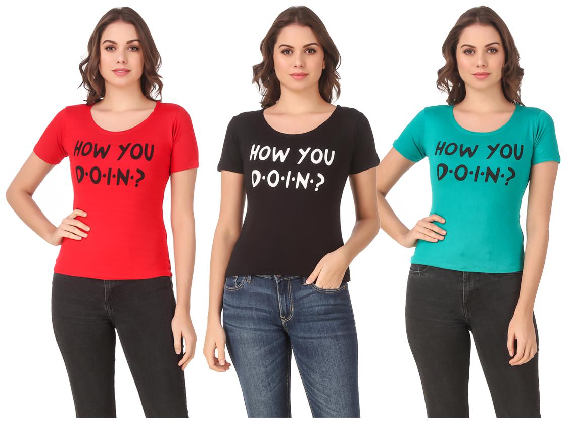 

Red Vee Lycra Printed Half Sleeves Multi Color T-Shirt for Women