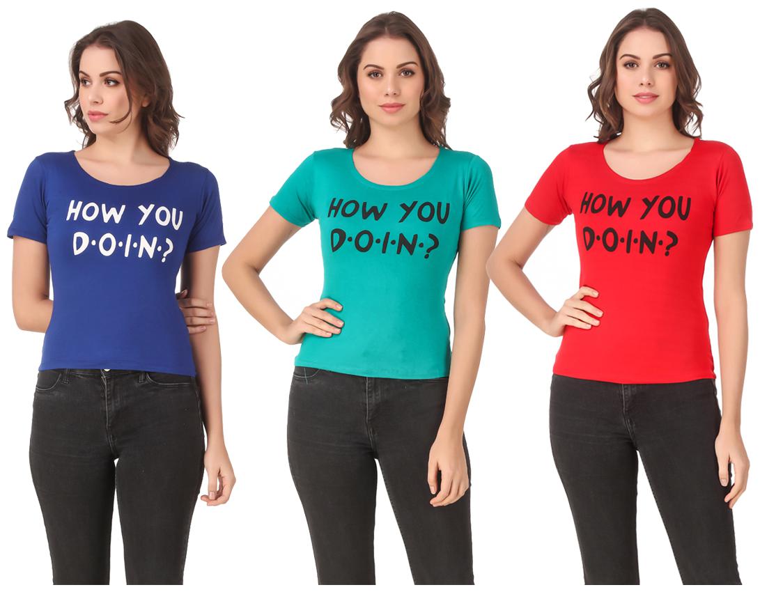 

Red Vee Lycra Printed Half Sleeves Multi Color T-Shirt for Women