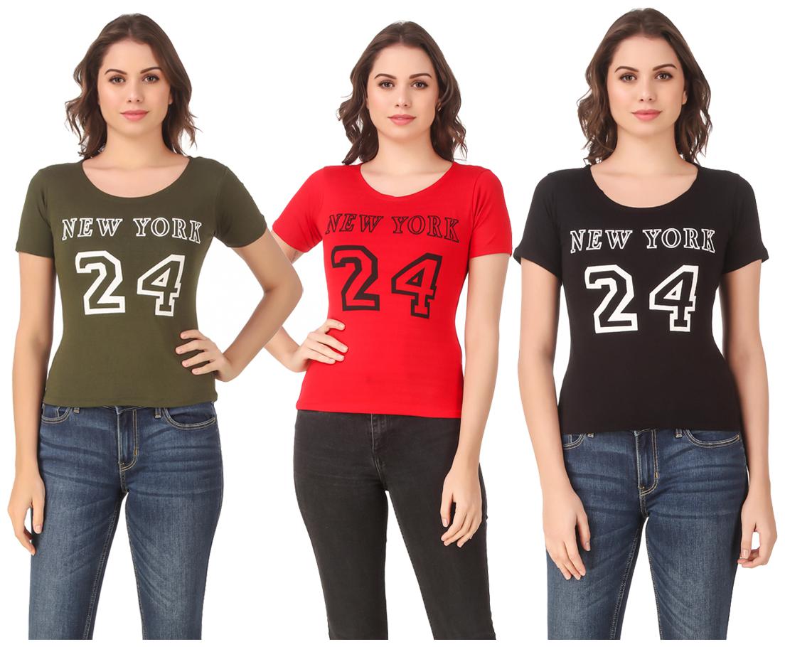 

Red Vee Lycra Printed Half Sleeves Multi Color T-Shirt for Women