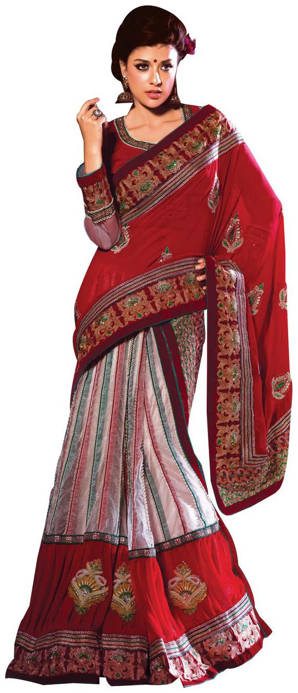 

VASTRANVI Maroon Striped Universal Lehenga Saree With Blouse With blouse