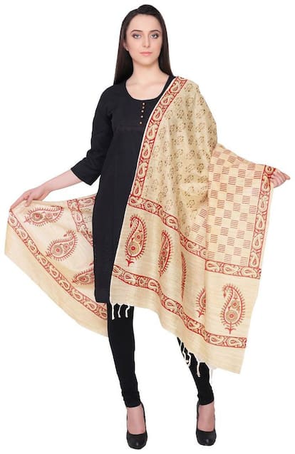 Red with beige printed border khadi dupatta
