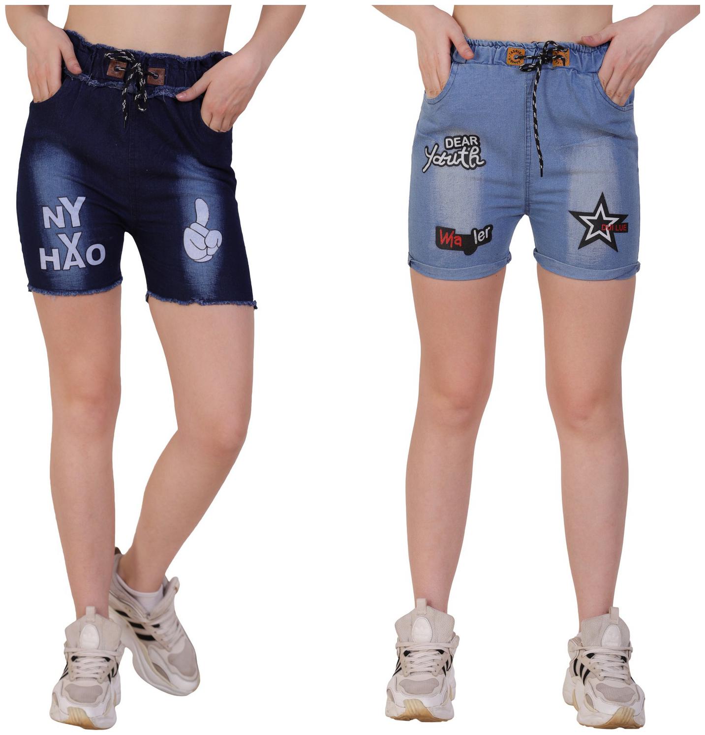 

REDTILT Women Printed Denim shorts - Blue