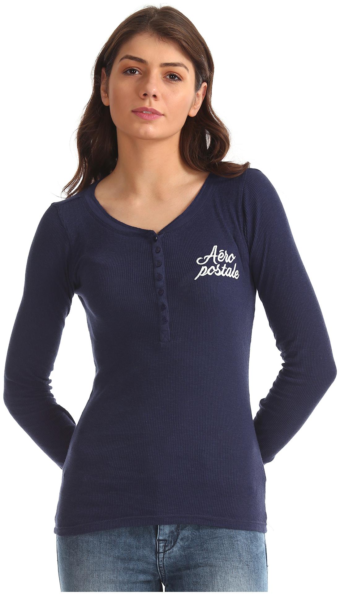 

Aeropostale Women Blue Regular fit Henley neck Cotton T shirt