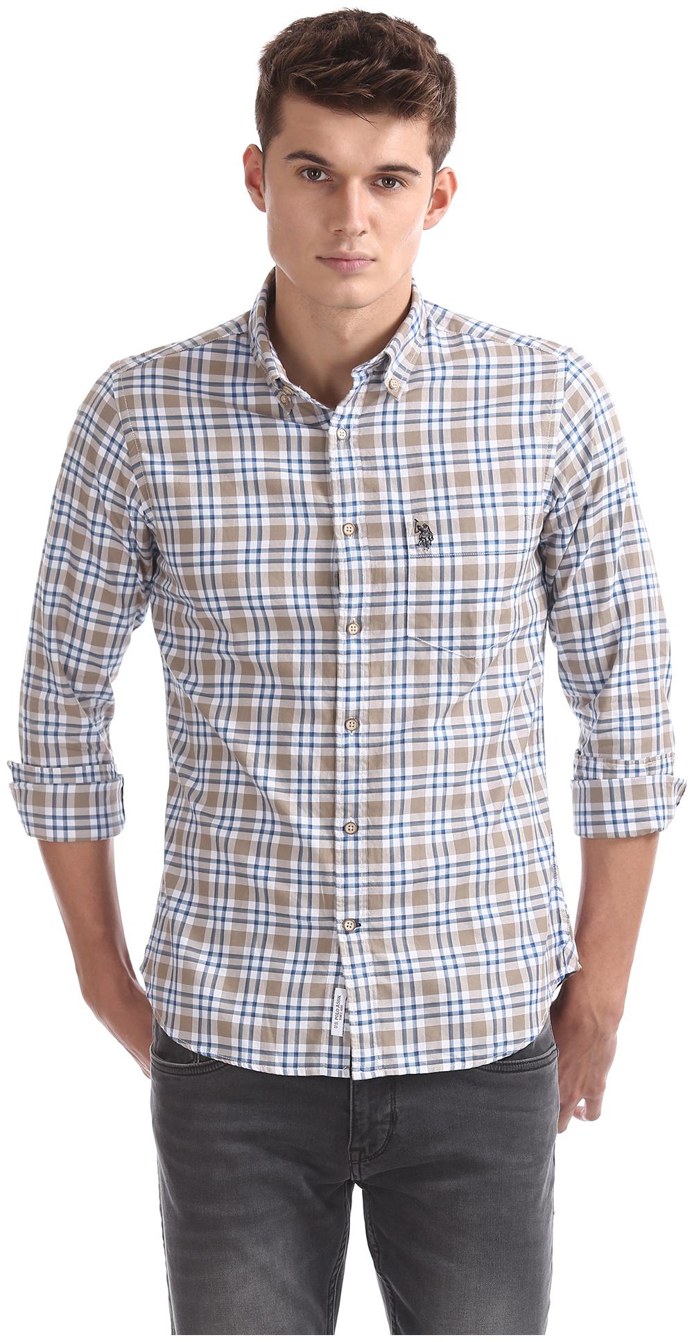 

U S Polo Assn Men Beige Checked Slim Fit Casual Shirt