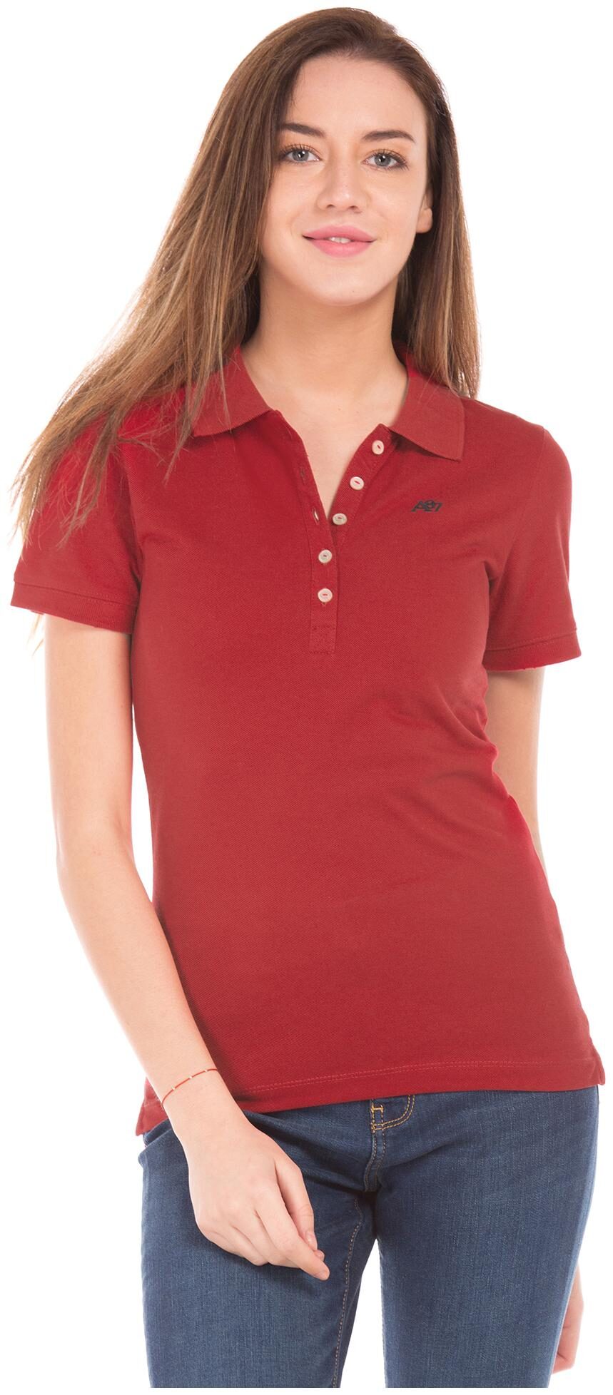 

Aeropostale Women Red Regular fit Polo neck Cotton T shirt