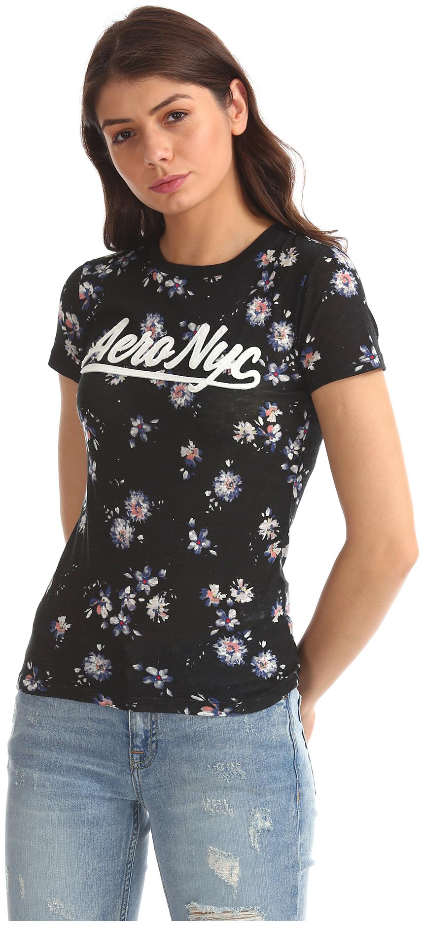 

Aeropostale Women Black Regular fit Round neck Cotton T shirt