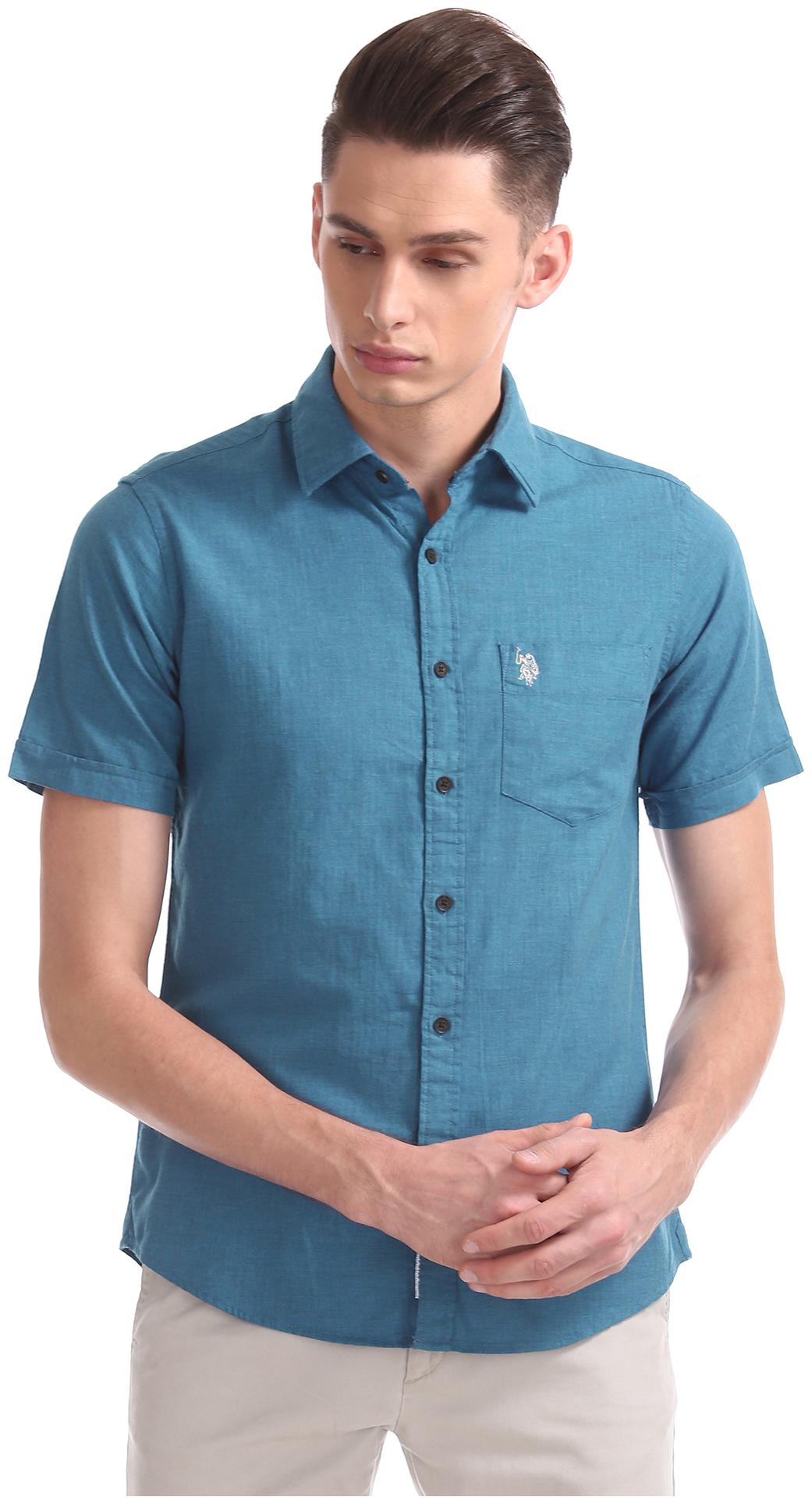 

U S Polo Assn Men Blue Solid Regular Fit Casual Shirt