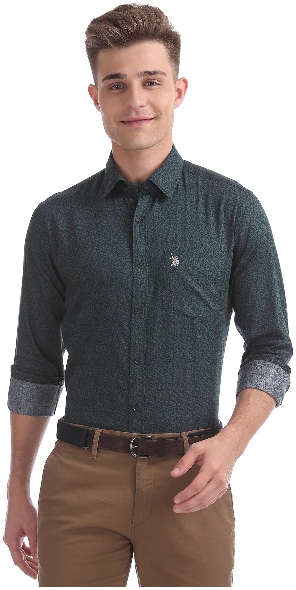 

U S Polo Assn Men Green Printed Regular Fit Casual Shirt