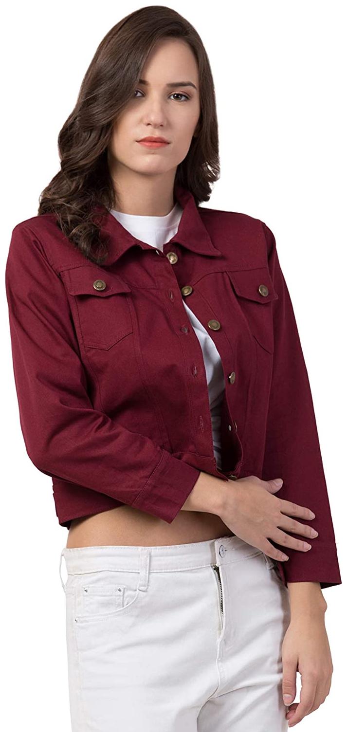 

Retrobella Women Solid Denim Jacket - Maroon