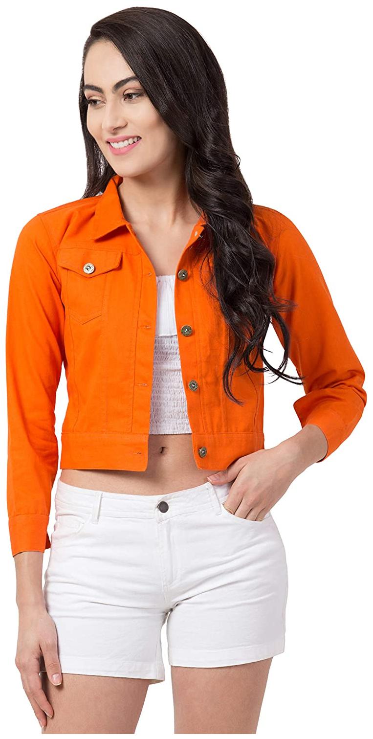 

Retrobella Women Solid Denim Jacket - Orange