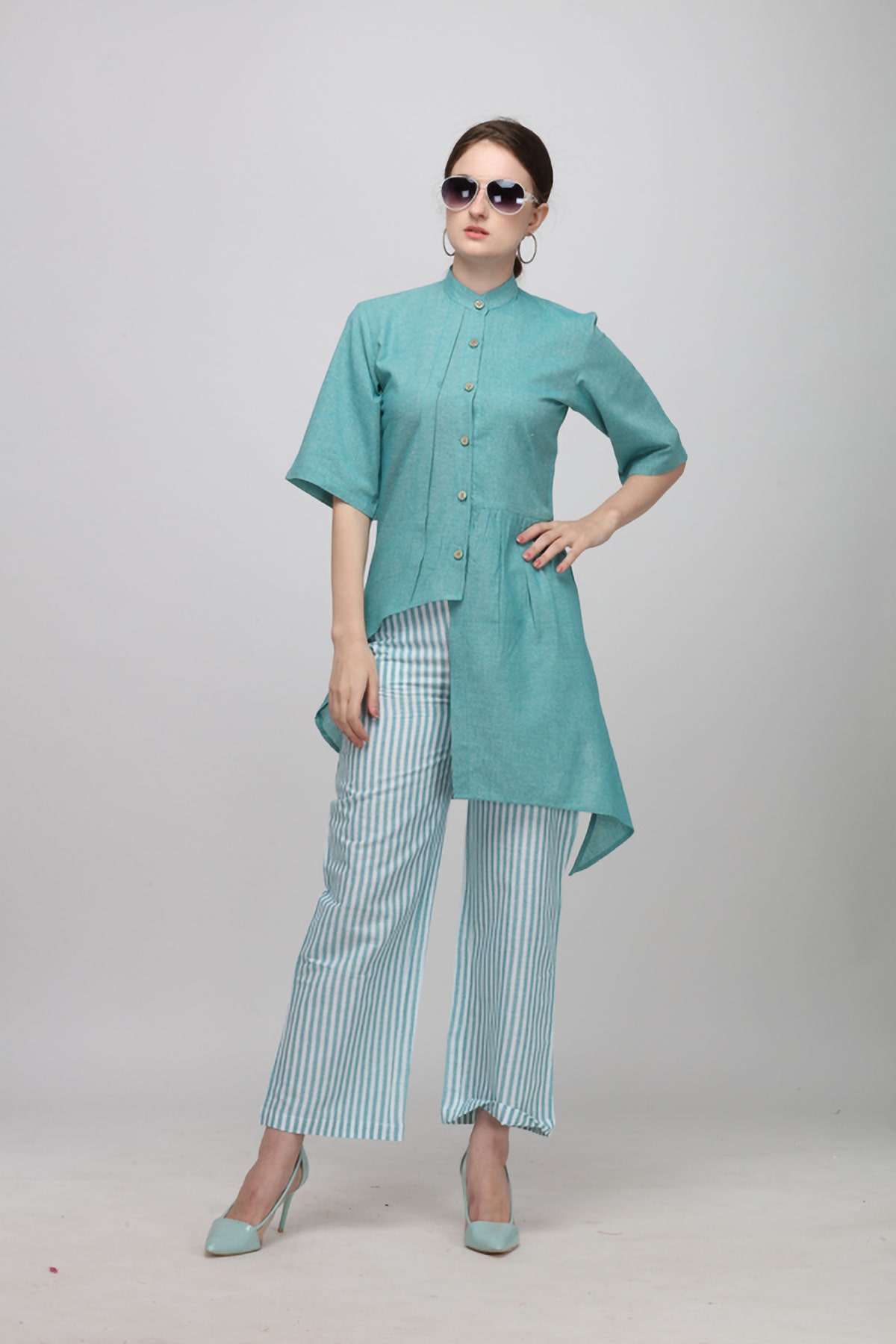 

Reviata Women Shirt Style Top With Palazzo (Green)