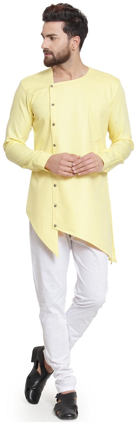 RG Designers Cotton Full Sleeve Yellow Designer Kurta With White Churidar For Men