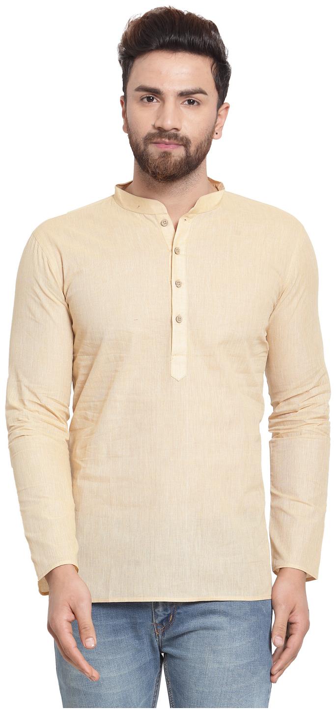 

RG Designers Beige Full Sleeves Straight Handloom Short Kurta for Men