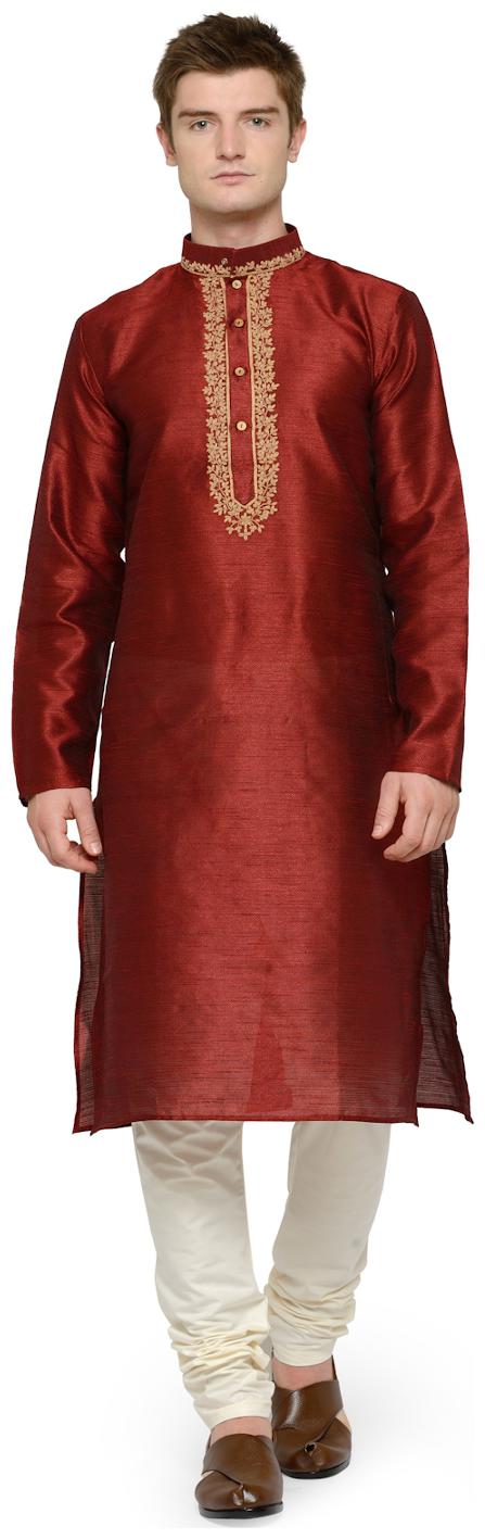 

RG Designers Maroon Cream Self Design Full Sleeves Kurta Pyjama Set For Men