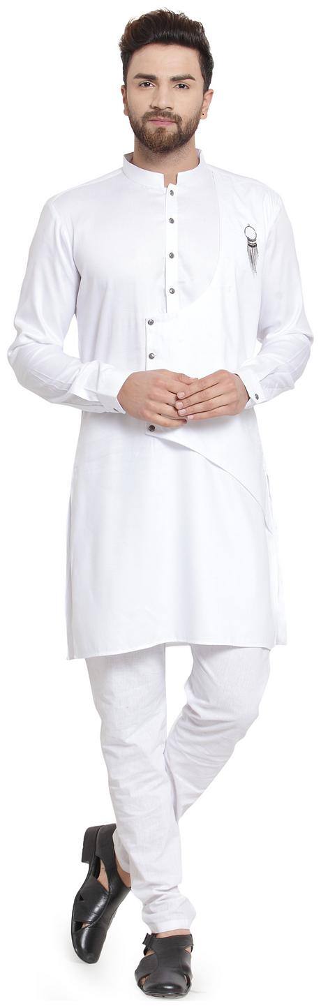 RG Designers Cotton Full Sleeve White Designer Kurta With White Churidar For Men