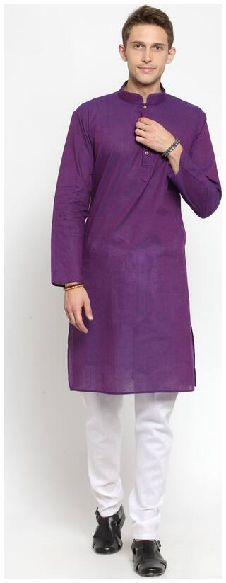 RG Designers Dark Purple Plain Cotton Kurta Pyjama Set for Men