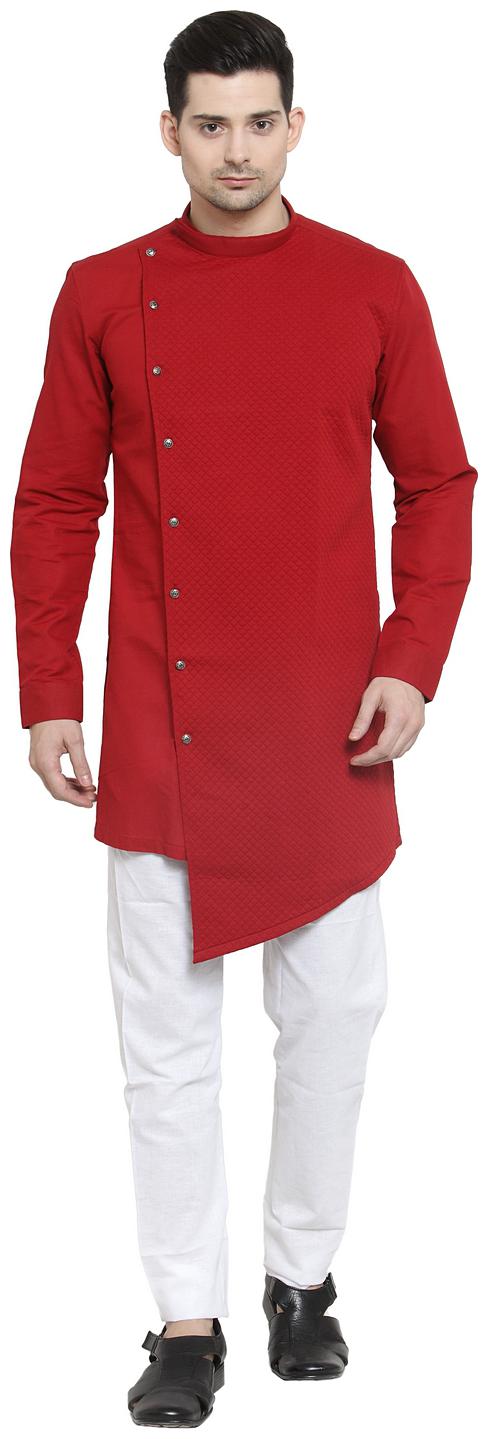 

RG Designers Cotton Full Sleeve Red Designer Cross Kurta With White Churidar For Men