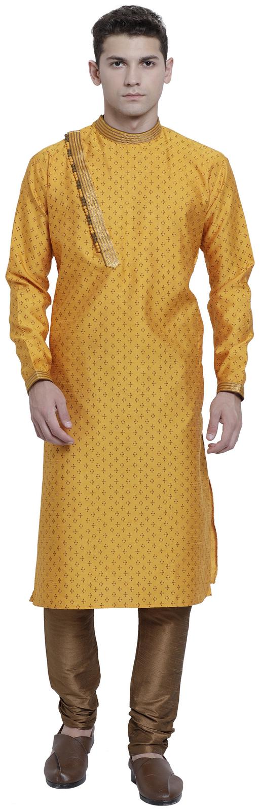 

RG Designers Yellow Cotton Blended Self Designed Kurta Pyjama Set for Men