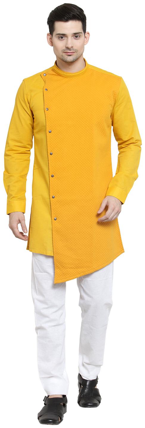 

RG Designers Cotton Full Sleeve Gold Designer Cross Kurta With White Churidar For Men