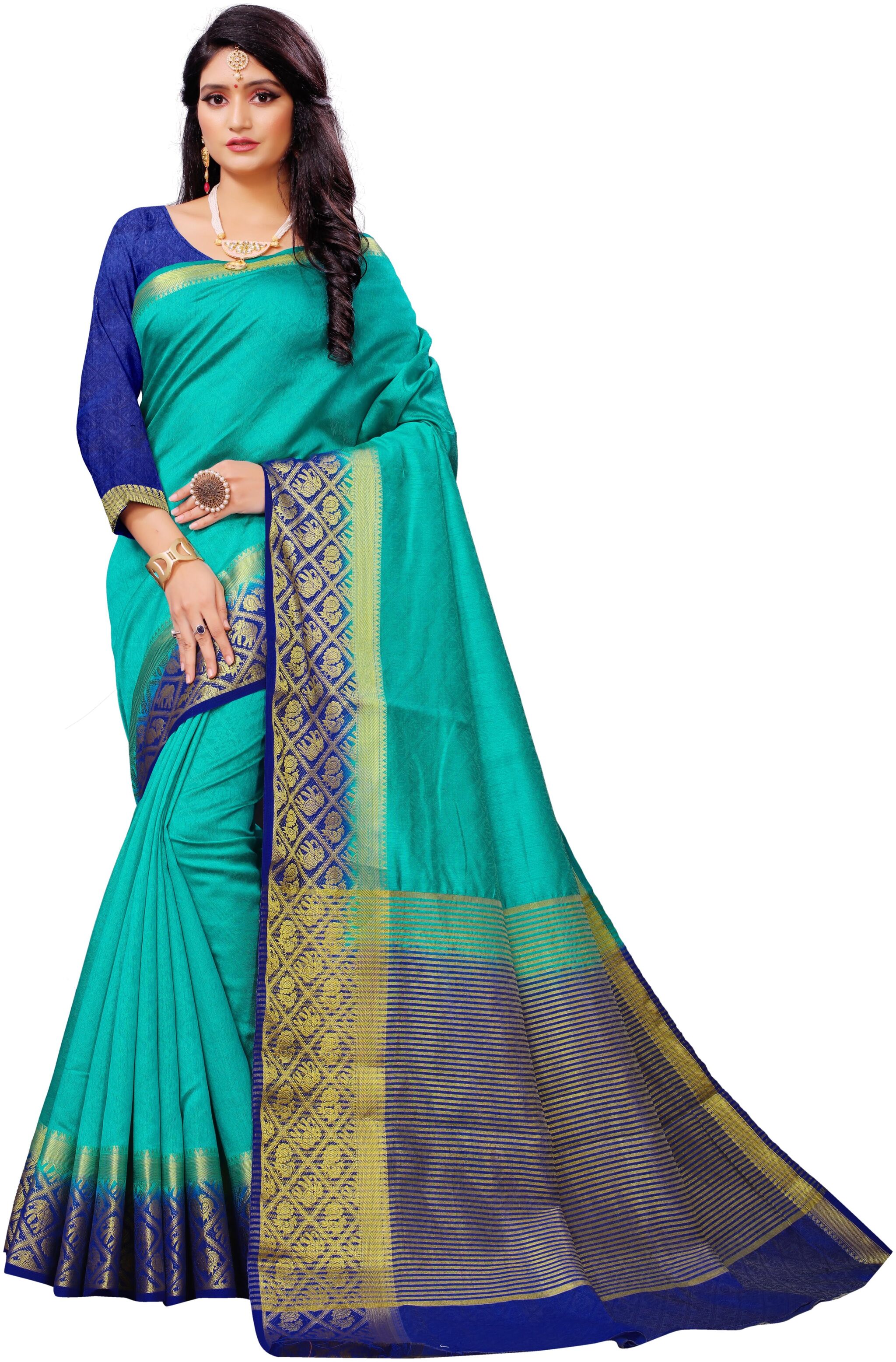 

Rhey Woven Zari Work Kanchipuram Pure Silk Saree Turquoise
