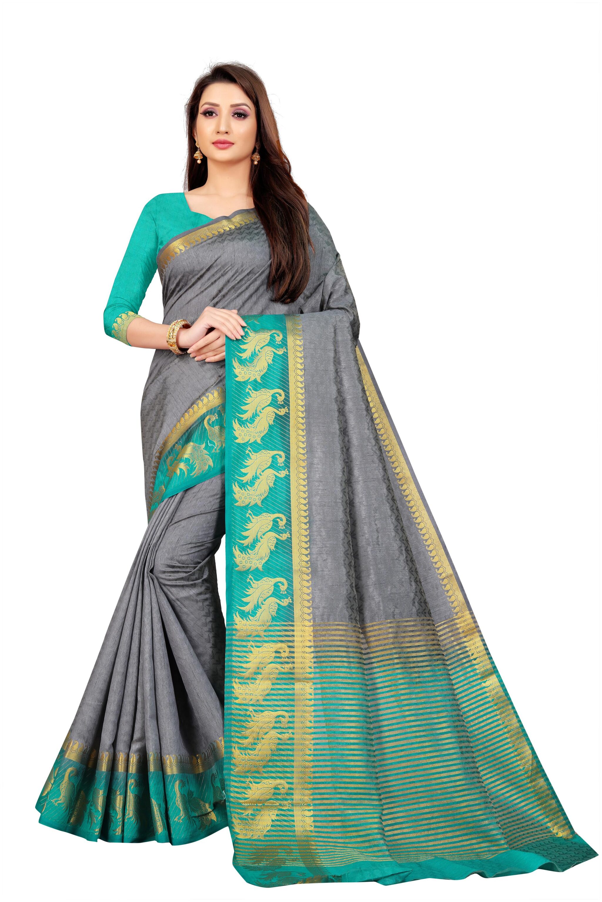 

Rhey Woven Zari Work Kanchipuram Pure Silk Saree grey