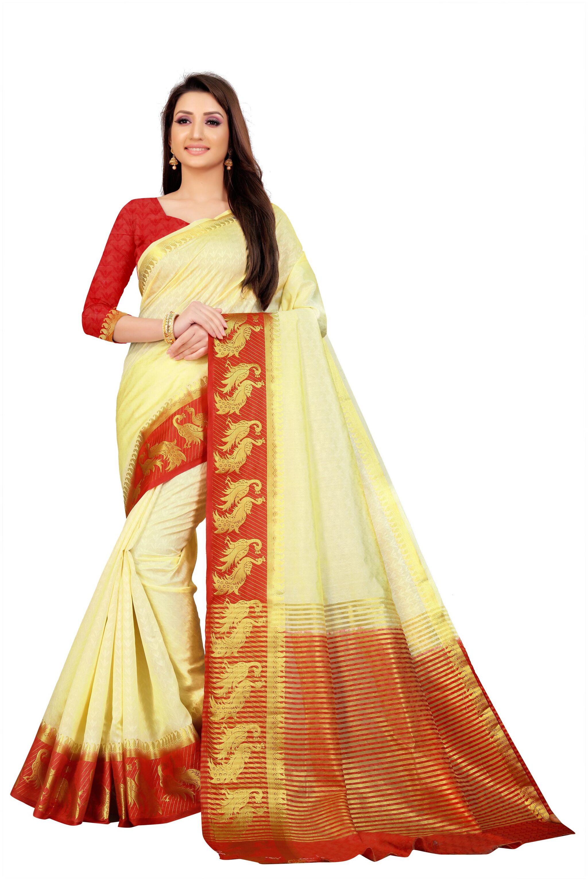 

Rhey Woven Zari Work Kanchipuram Pure Silk Saree Cream