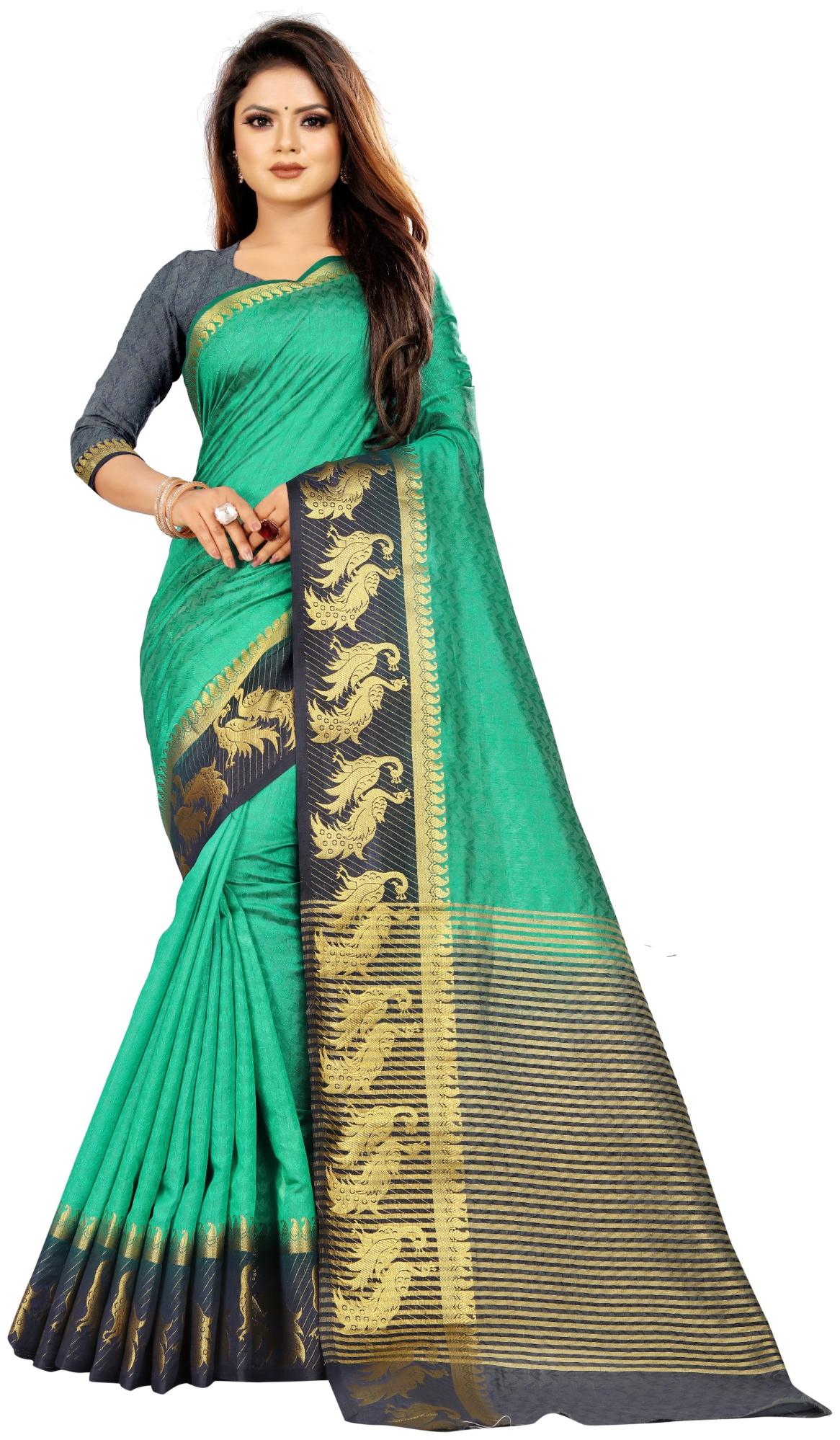 

Rhey Woven Zari Work Kanchipuram Pure Silk Saree Green