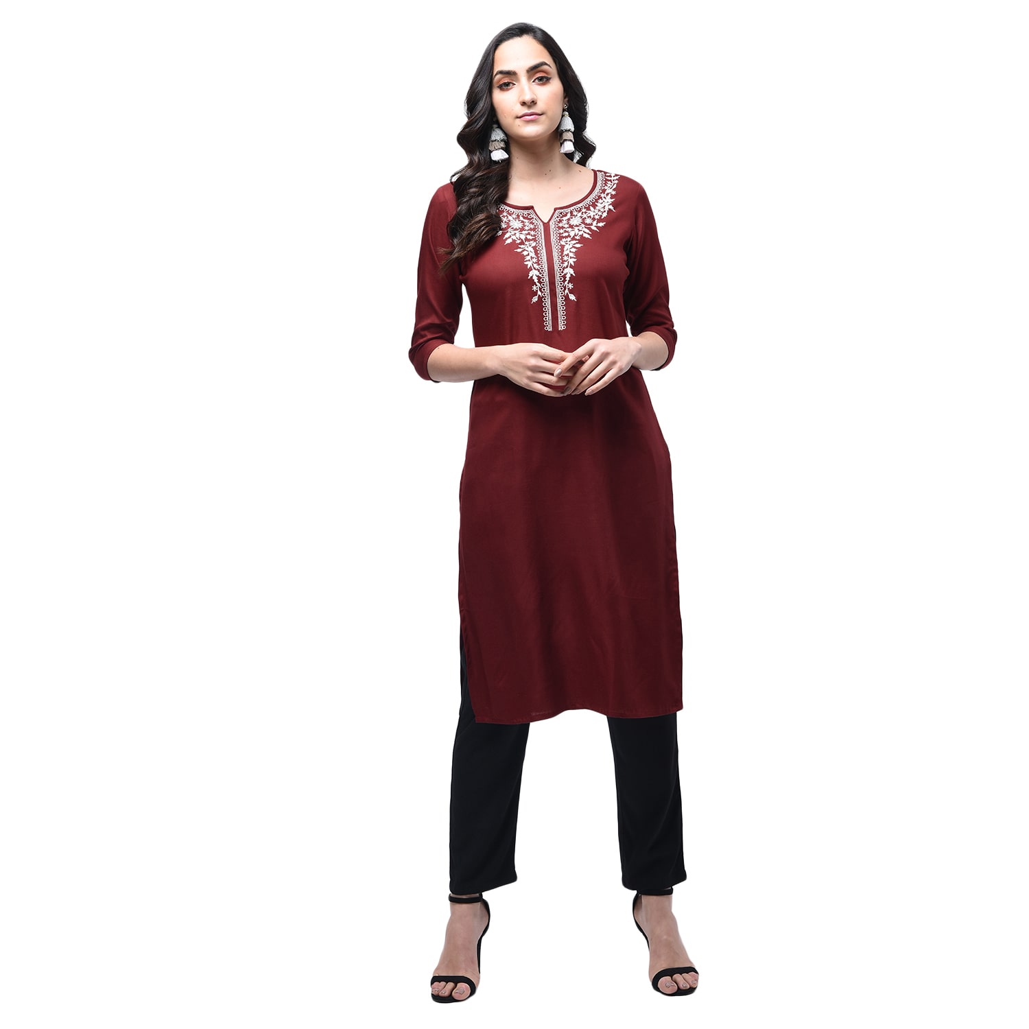 

RICHLEY Women Maroon Embroidered Straight Kurta