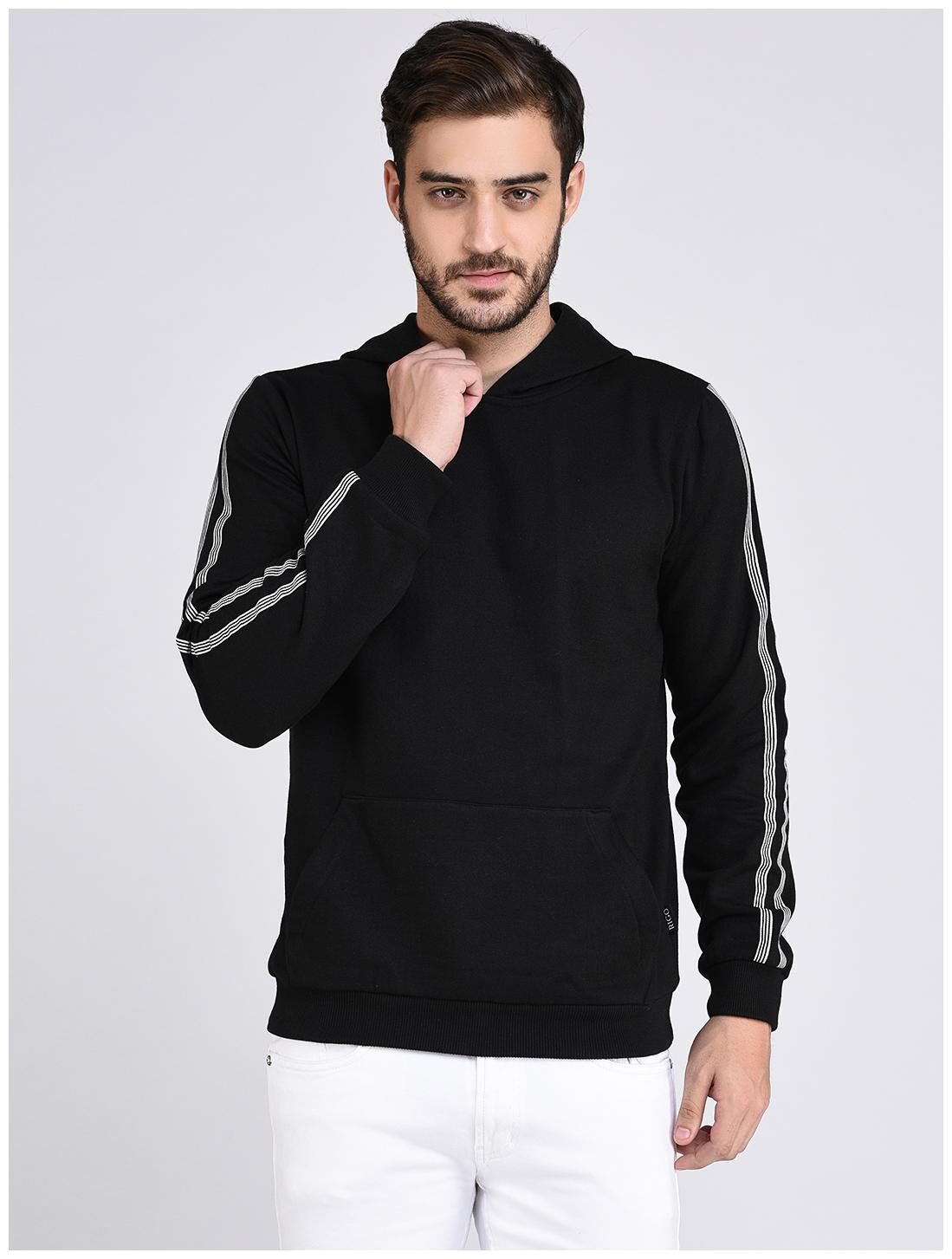 

Rigo Black Fleece With Stripe Tape Patch On Sleeve Hooded Sweatshirt-Full
