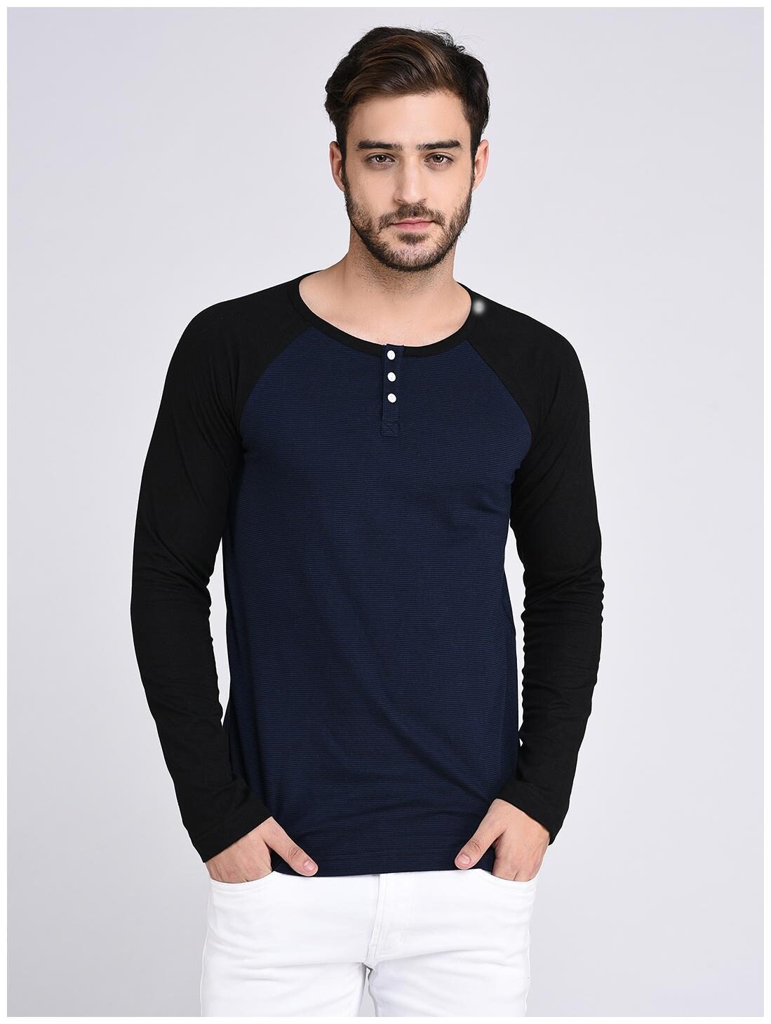 

Rigo Blue Black Striped With Black Raglan Henley Tshirt-Full