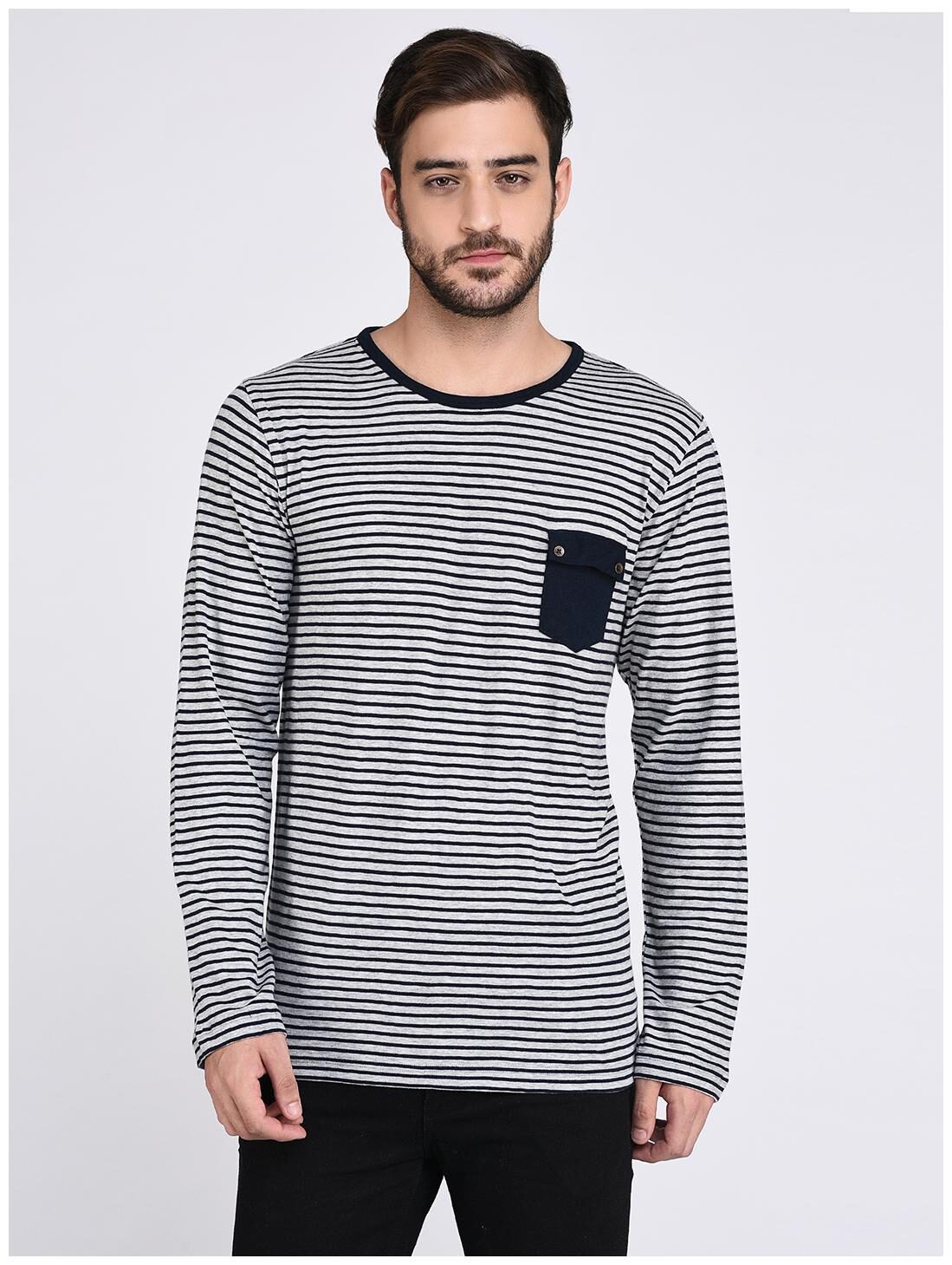 

Rigo Grey Navy Striped With Black Flap Pocket Tshirt-Full