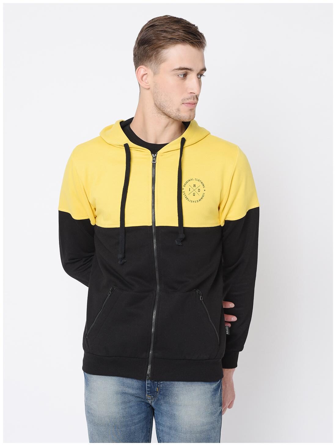 

RIGO Men Colorblocked Cotton Black Yellow Sweatshirt
