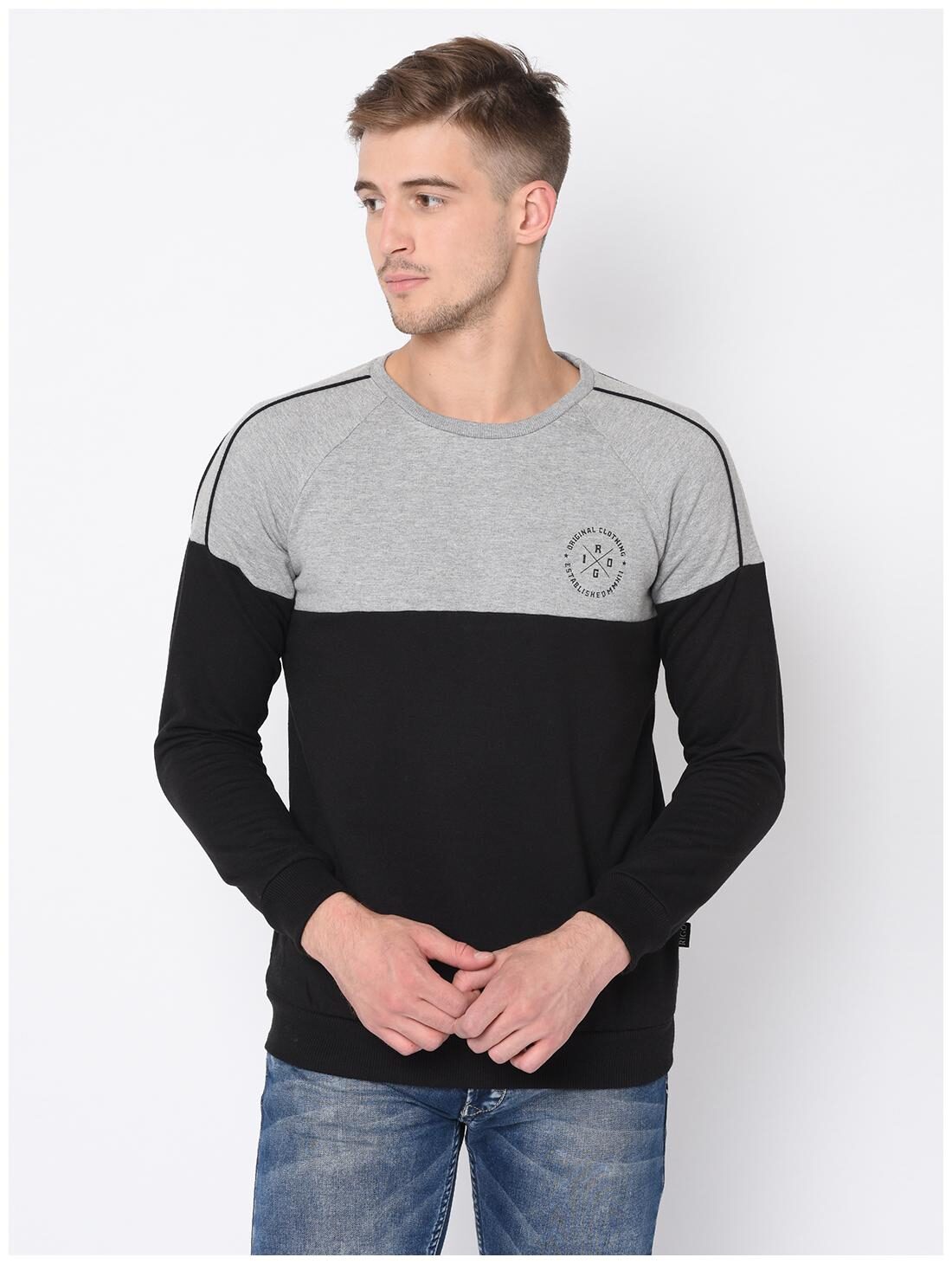 

RIGO Men Colorblocked Cotton Black Grey Sweatshirt