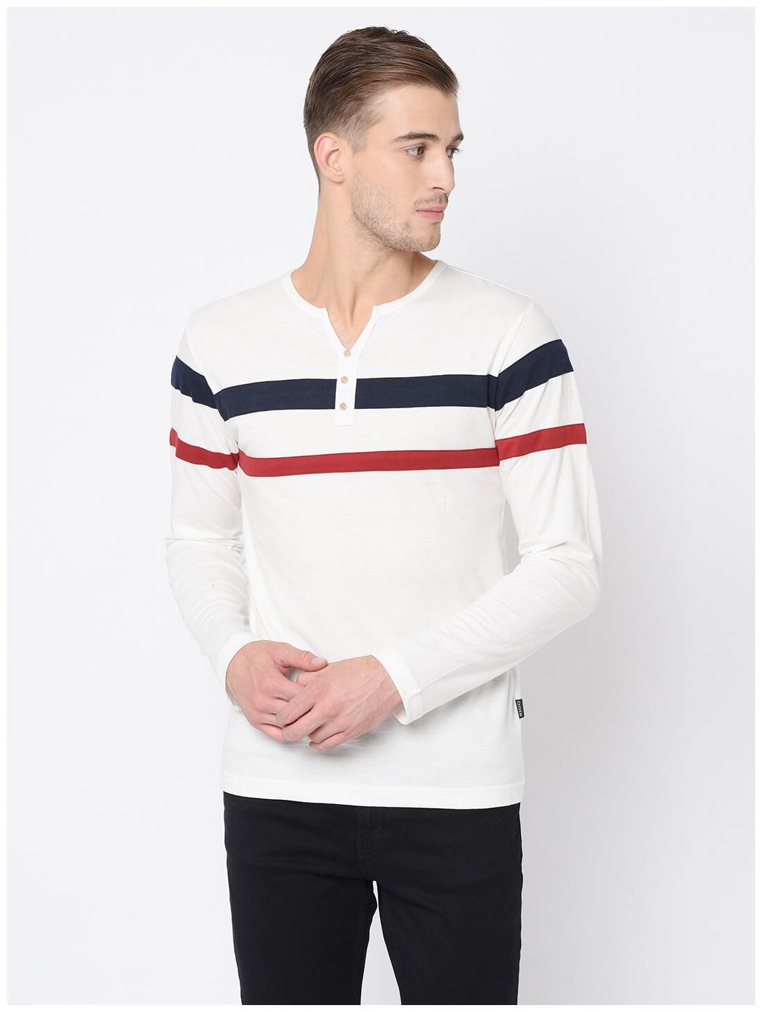 

RIGO Men White Slim fit Cotton Henley neck T-Shirt - Pack Of 1