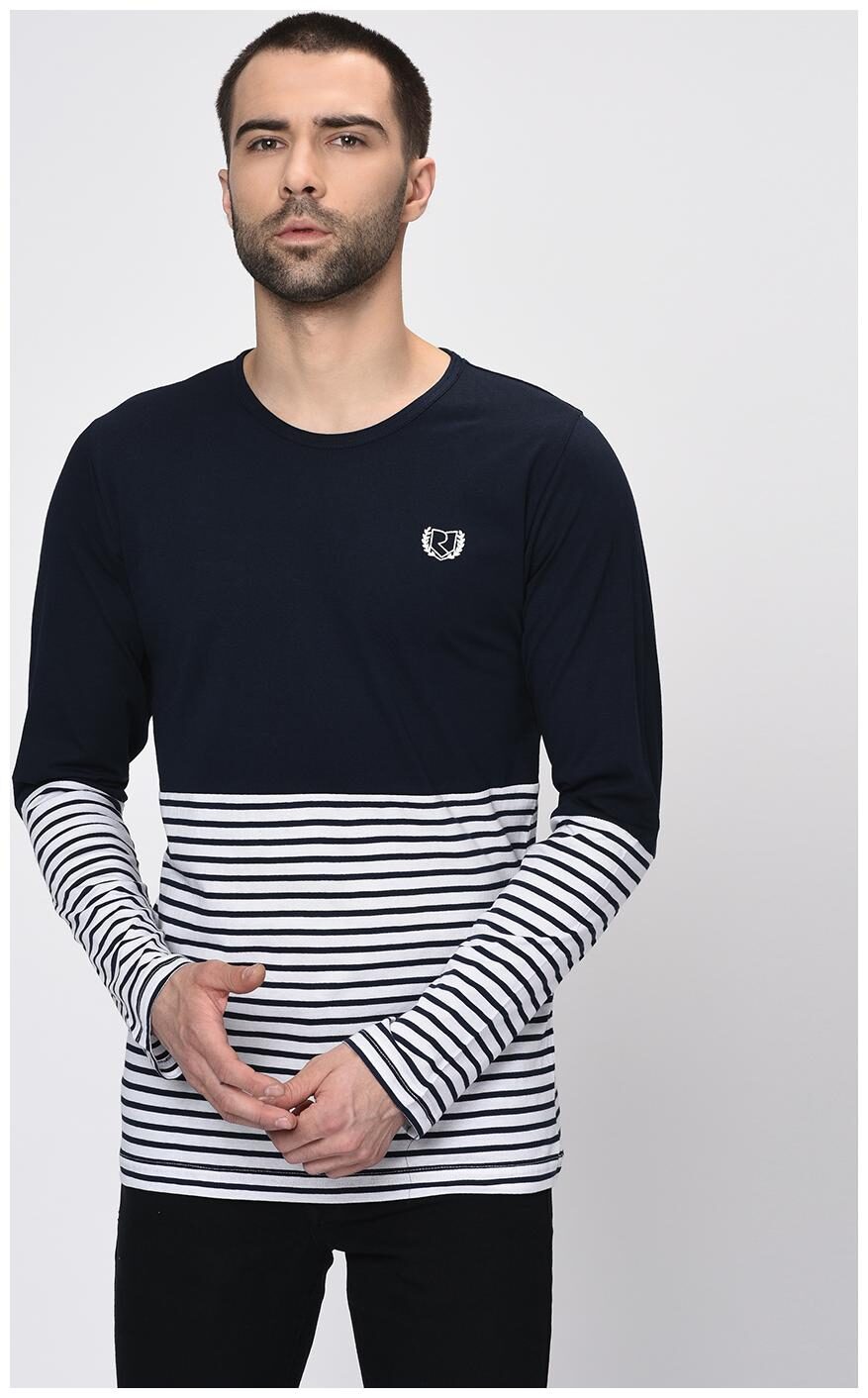 RIGO Men Slim Fit Round Neck Striped T Shirts Black;White by Rigo
