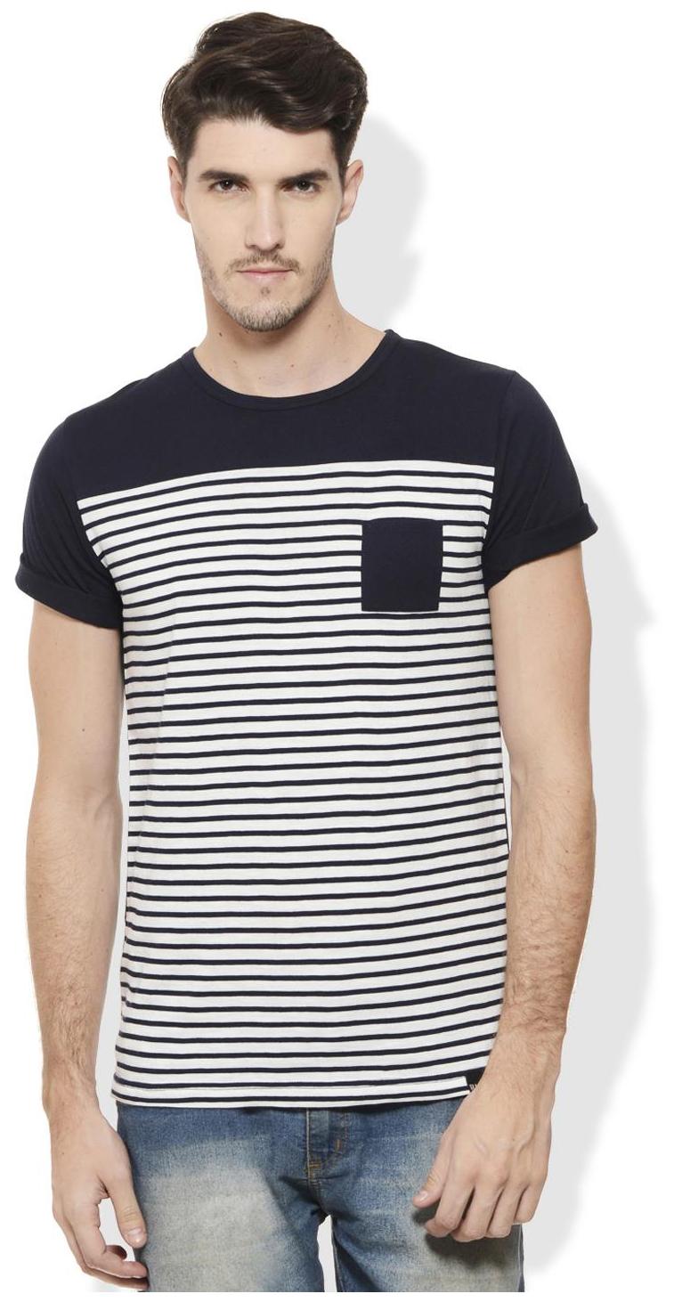 

RIGO White Navy Striped Round Neck Tee-Half