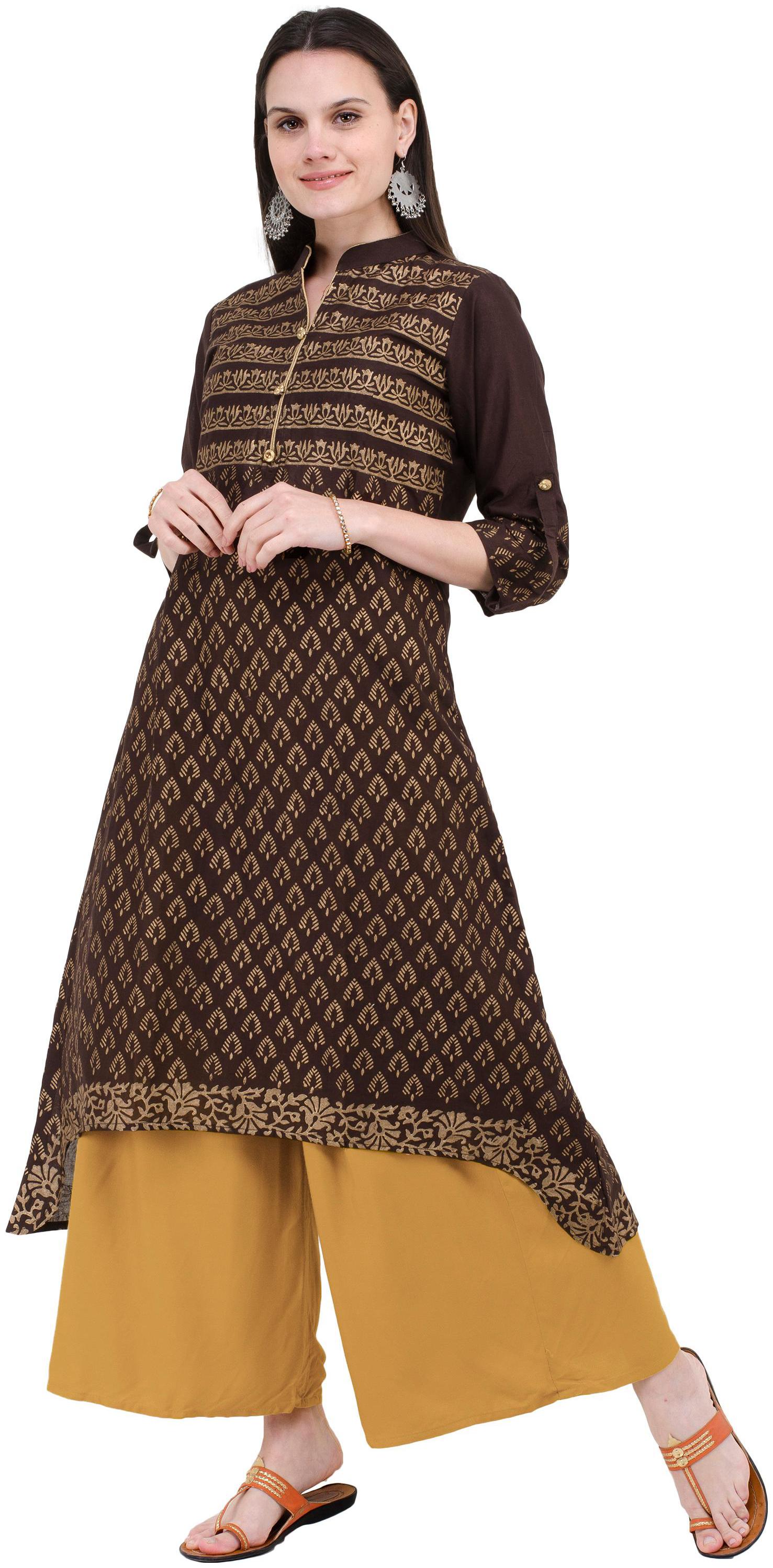 

Rishaga Women s Brown Block Printed Straight Kurta