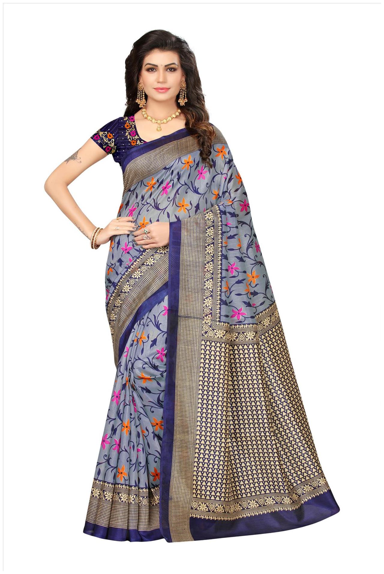 

Riti Riwaz Sarees Floral Print Multicolor And Blue Coloured Cotton Silk Traditional Casual wear Women Saree Sari